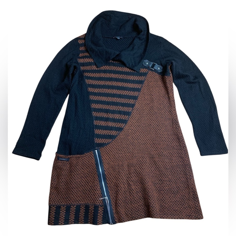 Vex Collection Geometric Mixed Media Sweater Dress Tunic Cowl Neck Sz 42 / L